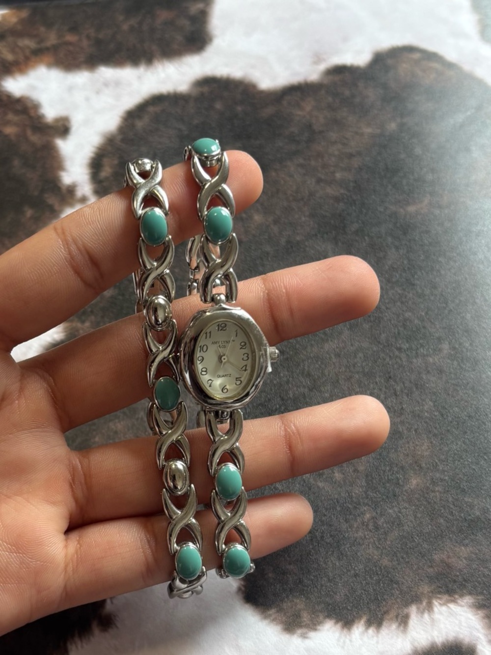 Silver Tone Bracelet Watch with Turquoise Stones